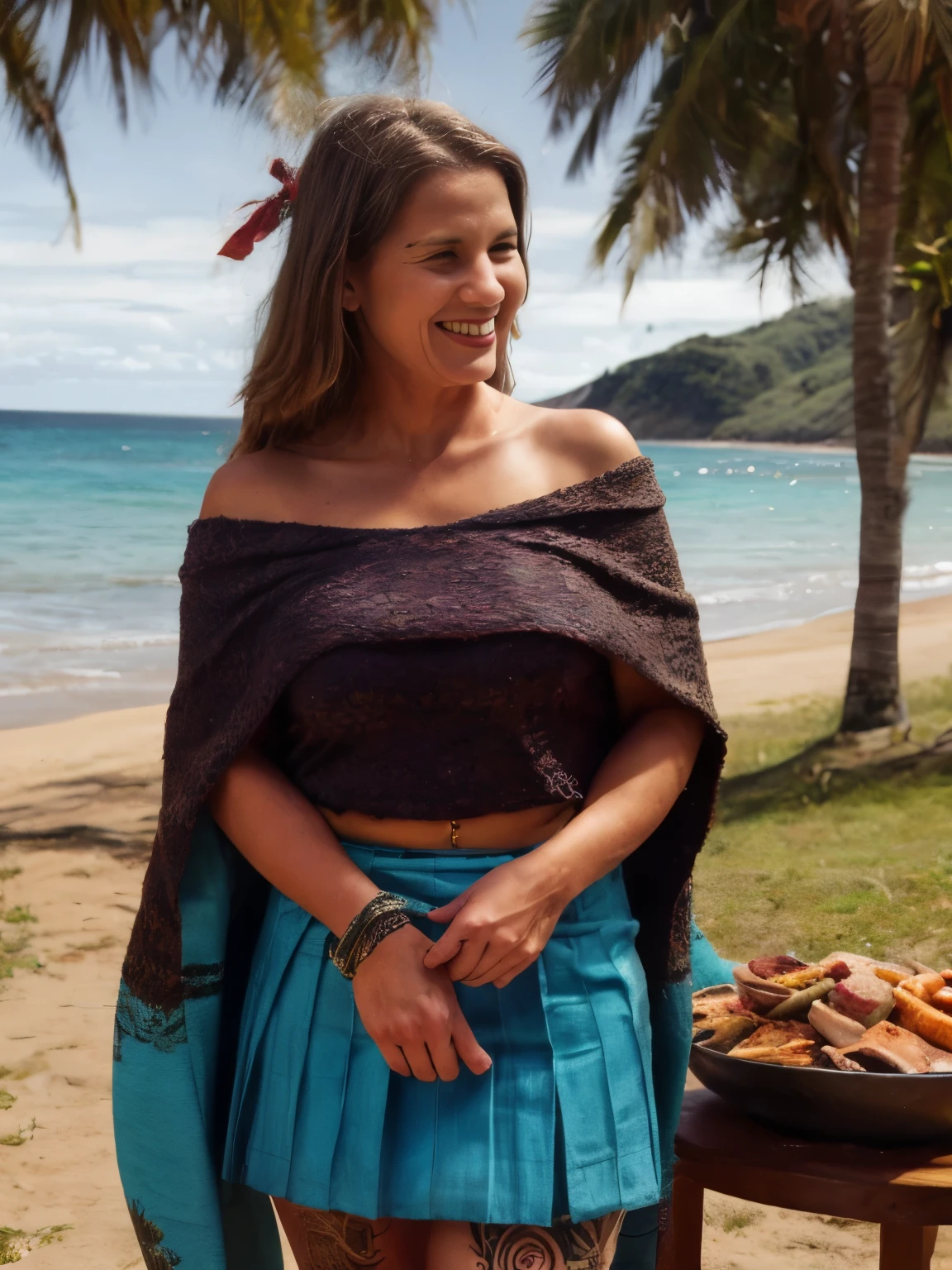 A coastal BBQ dinner with the Maori tribe on a beach in New Zealand, set in the 1800s. The Maori woman, slightly smiling and looking at the camera, wears a traditional piupiu (flax skirt) and a korowai (feather cloak). Her hair is styled with traditional headbands and feathers, and she is surrounded by family members in similar traditional attire, featuring intricate moko (tattoo) designs.

The BBQ setup includes a hangi (earth oven) where food is cooked underground. The menu features traditional Maori dishes such as kumara (sweet potato), fish, and shellfish. Large flax baskets filled with vegetables and bowls of local fruits like feijoa and kiwifruit are placed on a wooden table.

The backdrop features the turquoise waters of the Pacific Ocean and the lush green hills of the New Zealand coast under the warm evening sun. Traditional Maori carvings and woven mats decorate the area, adding to the cultural ambiance. Guests engage in lively conversations, sharing stories and laughter, while traditional Maori music with guitars and vocal harmonies fills the air, creating a festive and welcoming atmosphere.

Items/objects/tools: hangi, flax skirt, feather cloak, headbands, moko, kumara, fish, shellfish, flax baskets, vegetables, feijoa, kiwifruit, wooden table, Pacific Ocean, green hills, evening sun, carvings, woven mats, guitars, vocal harmonies, storytelling, tattoos, traditional attire.