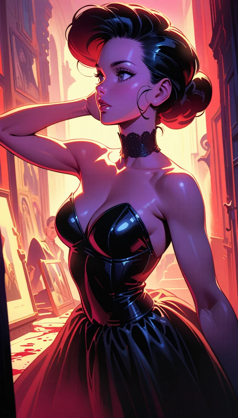 ((best quality)) , ((masterpiece)) , (detailed),illustration art by Dave Stevens and Lillian Bassman, Graceful (Man:1.2) , Multicolor hair styled as Caesar cut, Comic books, graphic novels, retro style, pin-up art, Fashion and art,elegant and sophisticated, innovative use of light and shadow, capturing the glamour of mid-20th century fashion, portrait art by Mary Cassatt, glossy, ambient, Complex, full color, fine artistic composition, enchanted,(((Very much blood)))