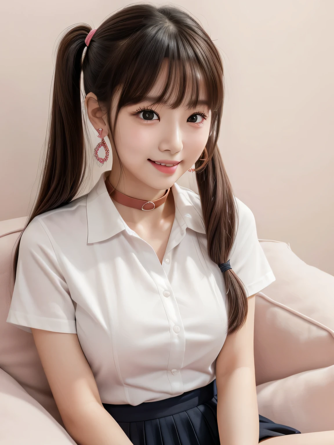 Twin tails、20,Earrings、very cute、Ulzzang, (8k, RAW Photos, Highest quality, masterpiece: 1.2), (Realistic, photo-Realistic: 1.37), Very detailed, 1 girl, cute, alone, Beautifully detailed skies, Detailed Coffee, Pink wall、Sitting, Date, (My nose turned red), (smile: 1.1), (Mouth closed), Medium chest, Beautiful attention to detail, (A short-sleeved shirt with a collar and an open front: 1.1), sexy、Pleated skirt,((Symmetrical eyes))、sexy、I can see your thighs、sexy