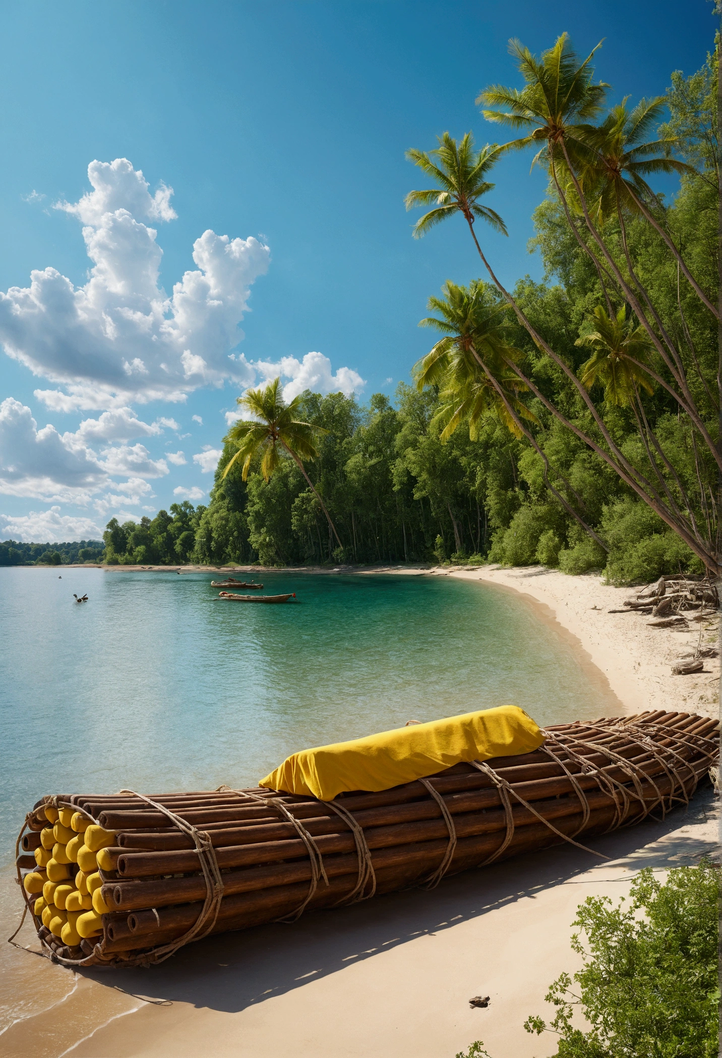 A large wooden raft is on the shore