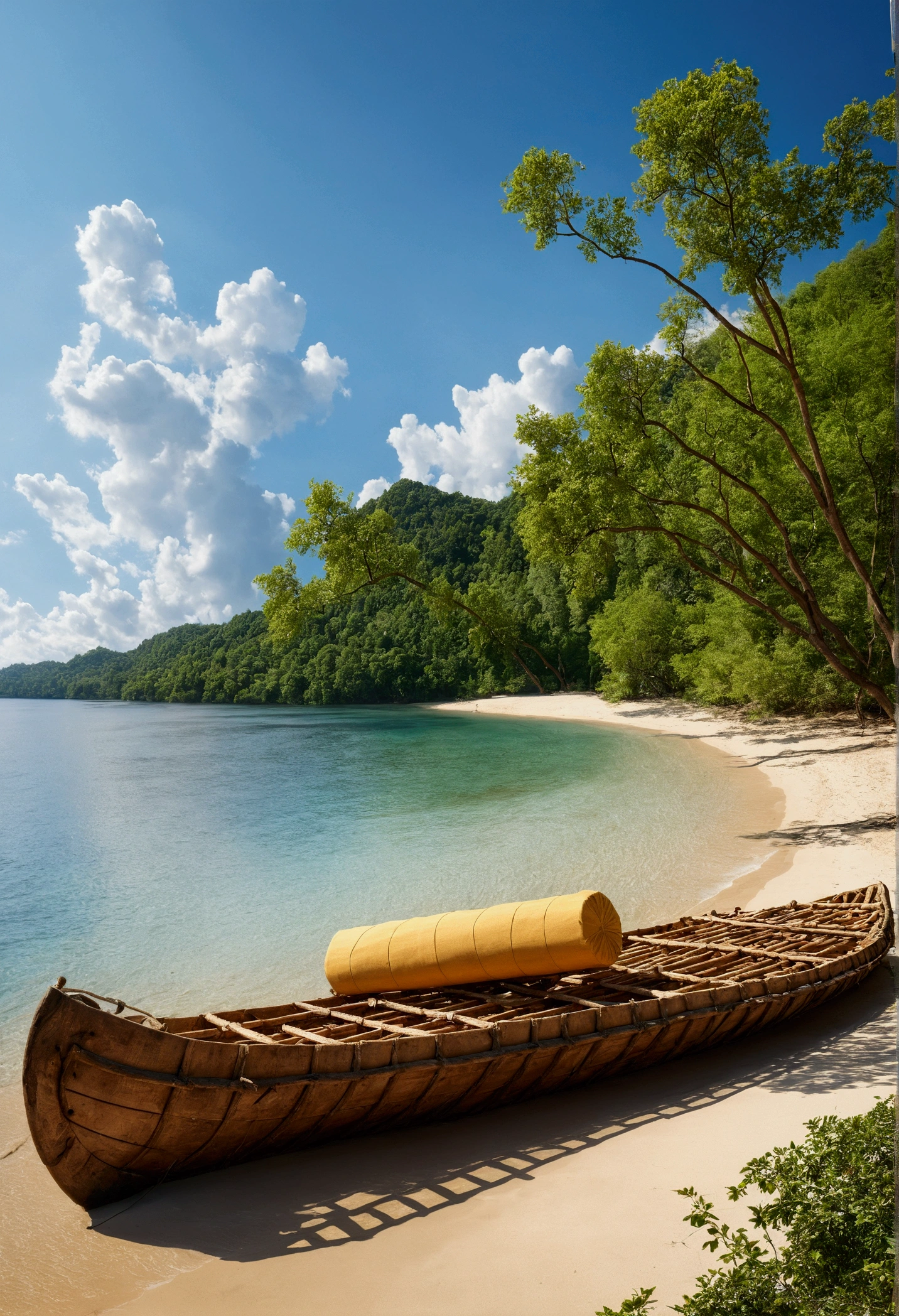 A large wooden raft is on the shore