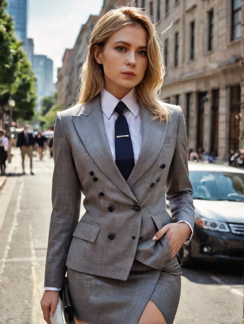 a beautiful picture of natpokXL, detailed skin texture,masterpiece, photorealistic, woman, 4k, RAW color photo,(fully in frame:1.1), (blush:0.5), (goosebumps:0.5),blonde,city streets, skirt suit, (((three-piece suit))), (((dress shirt))), (((necktie))), (((blazer))), (((suit jacket))), (((waistcoat))), double-breasted waistcoat, (((bodycon pencil skirt))), pocket square, cufflinks, tie clip, tight clothing, formal clothing,