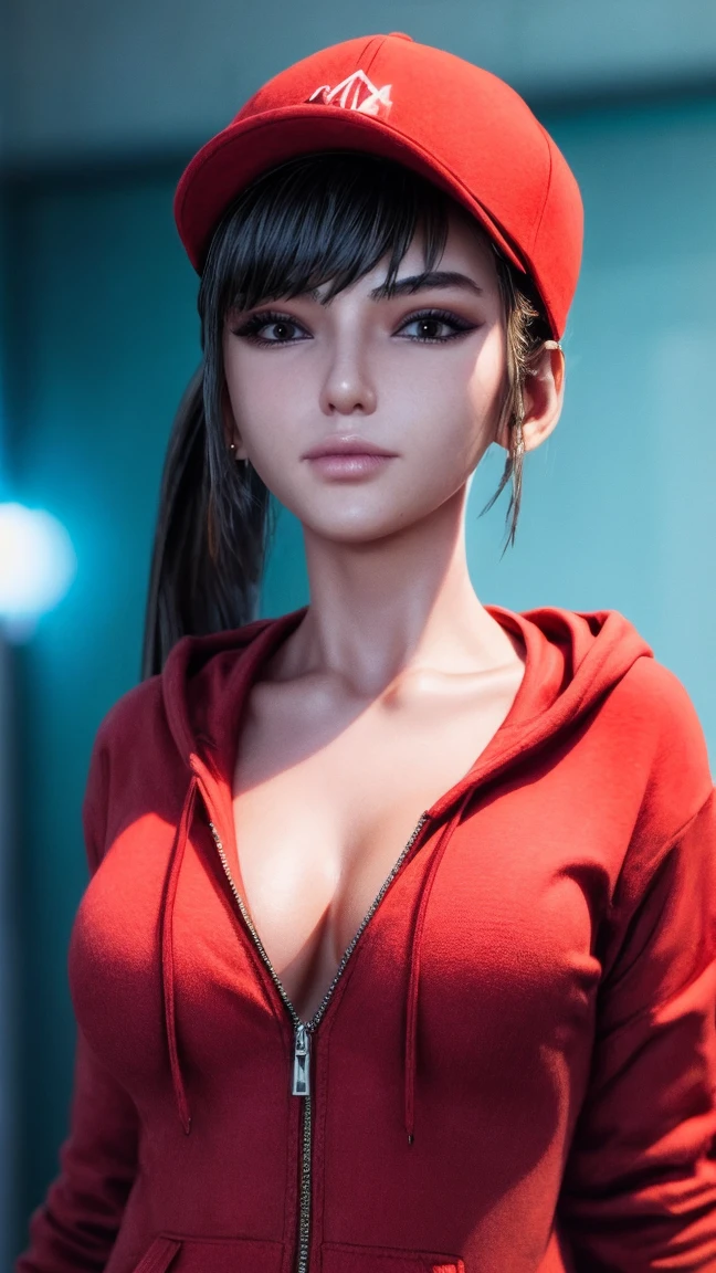 (masterpiece), best quality, expressive eyes, frontal pose, smile closed, perfect face,portrait face , Brown eyes, Eve, Short bob haircut, Stellar blade, Fringe hair, Athletic body, Ponytail hair, unreal engine skin:0.3,blushing cheeks:1.4, tight breast, looking at viewer,, cyberpunk bedroom, night, neon glow spothlighs in the walls, (snapback hat, Red hoodie hip hop clothes)