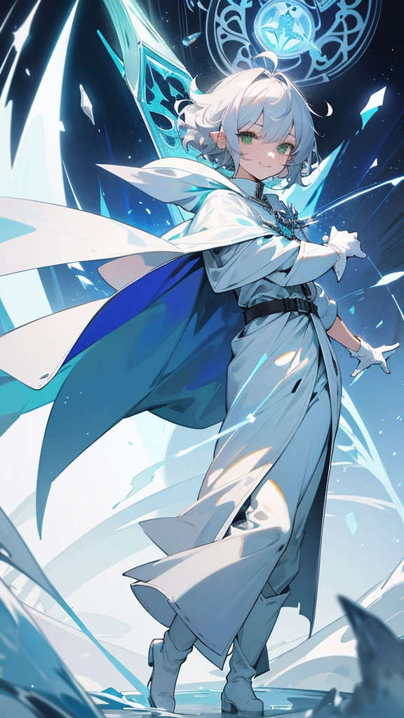 Elf, silver hair,short hair, medium cut, ahoge, curly hair,green eyes,slender, fair skin, cool Smile, robe, cloak, White gloves, long boots, pants, ice loads magic effect, blue effect, tarot card,