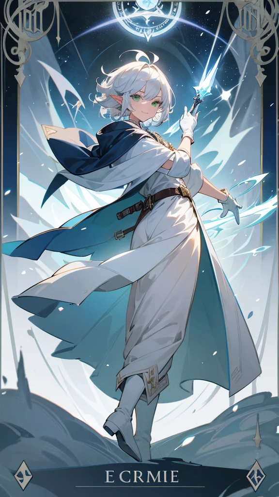 Elf, silver hair,short hair, medium cut, ahoge, curly hair,green eyes,slender, fair skin, cool Smile, robe,  cloak, White gloves, long boots, pants, ice loads magic effect, blue effect, tarot card,