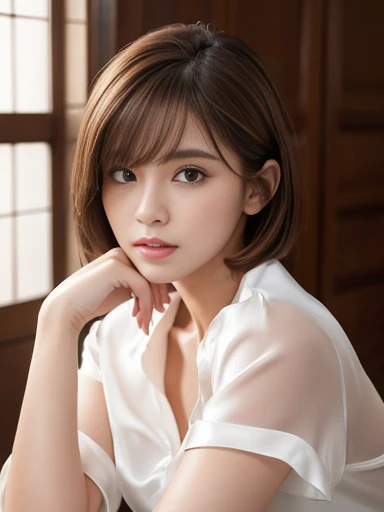 Ultra-high resolution, Superior Quality, Highest quality, Super detailed, Realistic, 8k, RAW Photos, Highest quality, masterpiece, Attractive young girl, Angelic Girl, Brown Hair, short hair, Mesh Hair, Glossy Lips, Natural Makeup, Japanese Idols, Sophisticated, stylish, Model pose, satin silk white shirt, whole body,