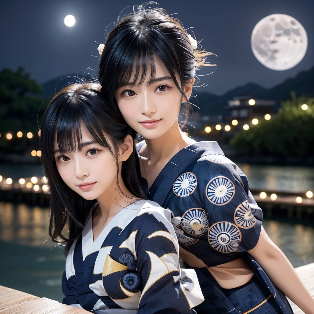 (Highest quality, 32K, High resolution, Masterpiece:1.5, ), marimo_jet, god々A photograph with brilliant dazzling and healing power., Evoking a sense of calm and elusive beauty, Expressing emotions, Have a rich imagination,Beautiful Japanese Girls, An exceptionally beautiful face, Small Face Beauty, Perfect Human Anatomy, Magical big eyes, Motherhood and generosity, Deep Love, fleeting smile, ((Shiny black hair:1.1)), ((Upset Hair:1.5)), Asymmetrical bangs, Hair between the eyes, Transparent, soft white skin, Sharp eyebrows, Thin lashes, Natural Makeup, Cheek highlighter, Pale pink detailed lips, ((Navy blue yukata:1.5)), ((Riverbank at night:1.4)), ((Beautiful starry sky and full moon:1.3)), Professional Lighting, Professional photographer, Professional models, god秘的