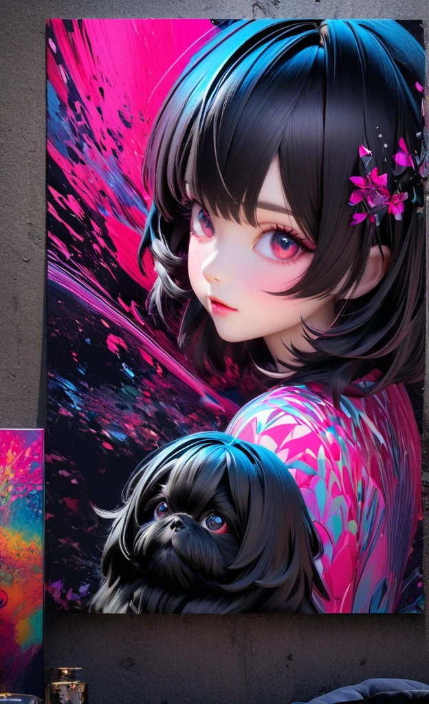 A captivating, image of 2 small black shih tzu puppies, in an intriguing angled front profile, rendered in a mesmerizing risograph style. The use of stencils and glitch effects creates a surreal and enchanting atmosphere. The limited color palette, featuring bold shades of pink, blue, and yellow, captivates the viewer and invites them into the composition. The background combines x-ray and abstract patterns, amplifying the otherworldly feeling. This exceptional artwork, whether illustrated, or transformed into a captivating poster or painting, embodies the essence of cinematic art, photo, illustration, cinematic, painting, 3d render, poster