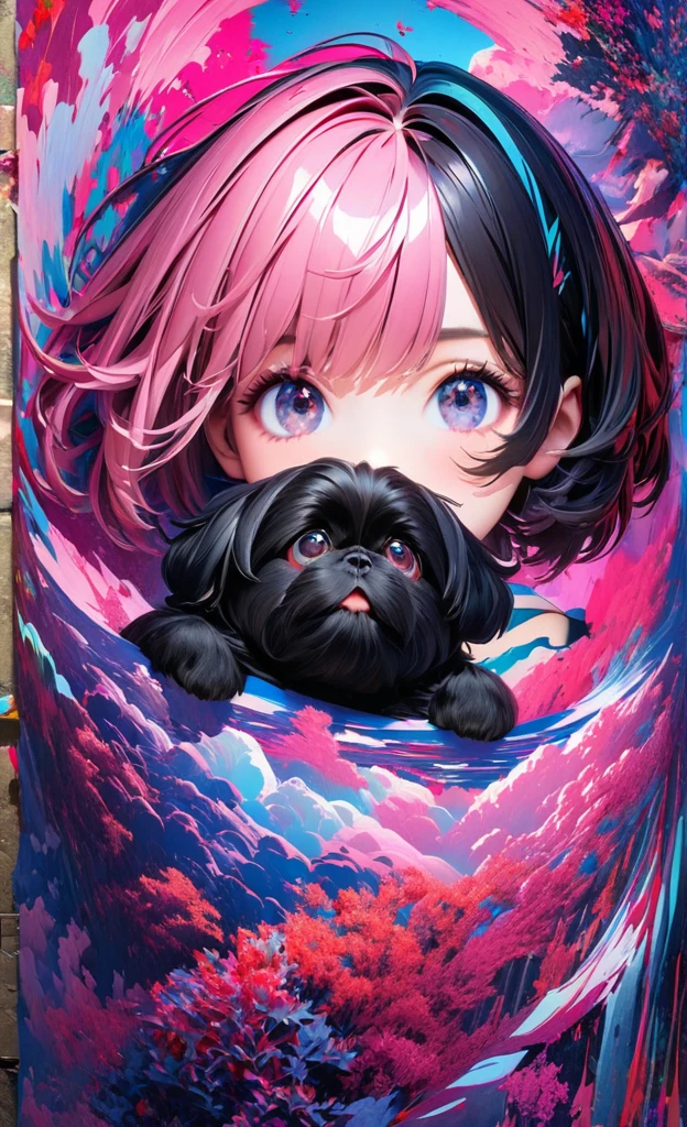 A captivating, image of 2 small black shih tzu puppies, in an intriguing angled front profile, rendered in a mesmerizing risograph style. The use of stencils and glitch effects creates a surreal and enchanting atmosphere. The limited color palette, featuring bold shades of pink, blue, and yellow, captivates the viewer and invites them into the composition. The background combines x-ray and abstract patterns, amplifying the otherworldly feeling. This exceptional artwork, whether illustrated, or transformed into a captivating poster or painting, embodies the essence of cinematic art, photo, illustration, cinematic, painting, 3d render, poster