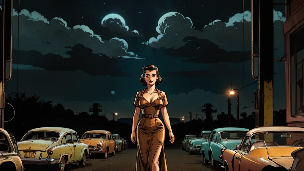 a 1950s housewife has a narrow waist, large breasts, 50s hairstyle hair, she is staring at 3 tiny 3 tiny alien beings with large eyes and large heads, thin limbs, holding strange glowing instuments; popping colors, contrast, detailed realistic cinematic scene, cinematic lighting, dramatic sky with clouds, abandoned vintage car, old-fashioned buildings, neon signs, 1950s era atmosphere, vibrant colors, hyper-realistic, 8k, ultra-detailed
