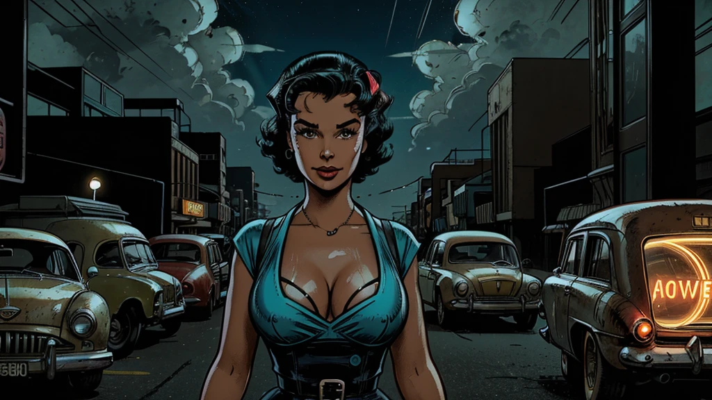 a 1950s female super-hero in an action pose, large breasts, short skirt, narrow waist, 1950s comic style, popping colors, contrast, detailed realistic cinematic scene, cinematic lighting, dramatic sky with clouds, abandoned vintage car, old-fashioned buildings, neon signs, 1950s era atmosphere, vibrant colors, hyper-realistic, 8k, ultra-detailed