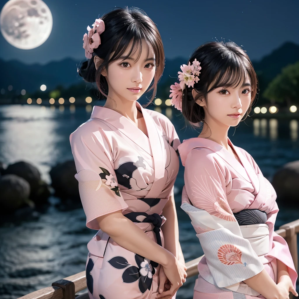 (Highest quality, 32K, High resolution, Masterpiece:1.5, ), marimo_jet, god々A photograph with brilliant dazzling and healing power., Evoking a sense of calm and elusive beauty, Expressing emotions, Have a rich imagination,Beautiful Japanese Girls, An exceptionally beautiful face, Small Face Beauty, Perfect Human Anatomy, Magical big eyes, Motherhood and generosity, Deep Love, fleeting smile, ((Shiny black hair:1.1)), ((Upset Hair:1.5)), Asymmetrical bangs, Hair between the eyes, Transparent, soft white skin, Sharp eyebrows, Thin lashes, Natural Makeup, Cheek highlighter, Pale pink detailed lips, ((Pink Yukata:1.5)), ((Riverbank at night:1.4)), ((Beautiful starry sky and full moon:1.3)), Professional Lighting, Professional photographer, Professional models, god秘的