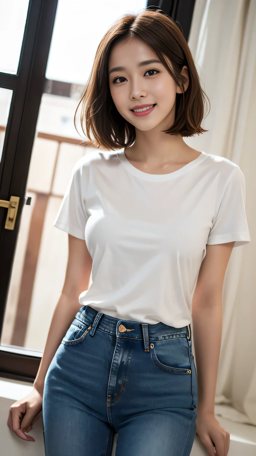 (Highest quality,8k,High resolution,masterpiece:1.2)、Cowboy Shot、 girl，Delicate face，Delicate eyes，Light Brown Hair，Straight hair，Short Bob Cut Hair、Sparkling dark brown eyes，(White T-shirt and jeans:1.4)、Red lips，Looking this way and smiling、Staring at the audience，(HD Skins)，Shallow depth of field，Warm colors，2-color light