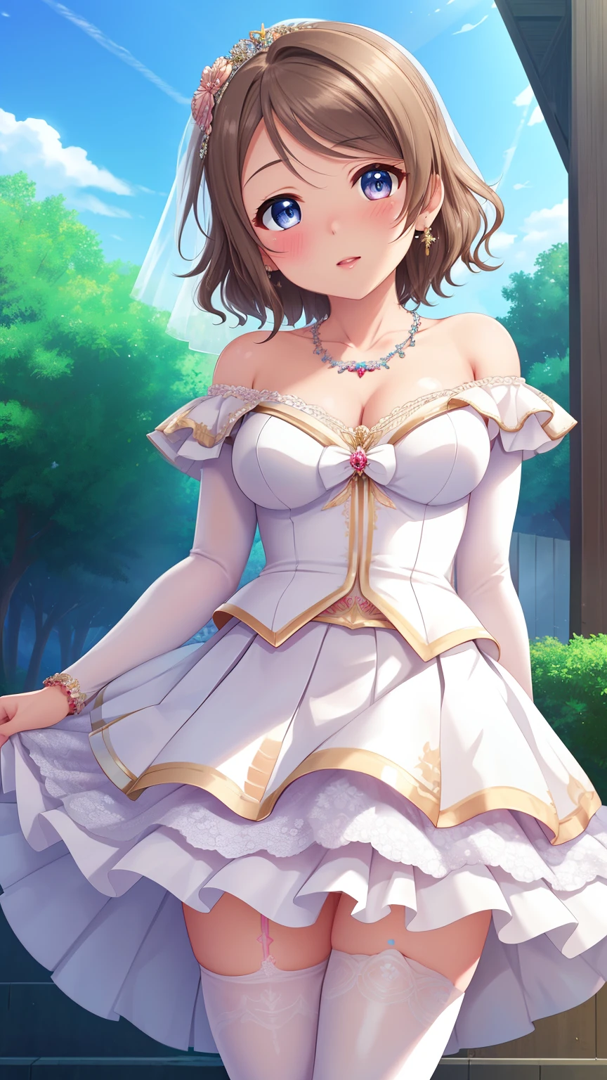 (Masterpiece), 8k wallpaper, solo, Watanabe you, game cg, beautiful detailed face and eyes, perfect anatomy, standing, outside, blush, glossy lips, wedding dress, off the shoulder, necklace, jewelry, (skirt parted in front), white thigh highs, 