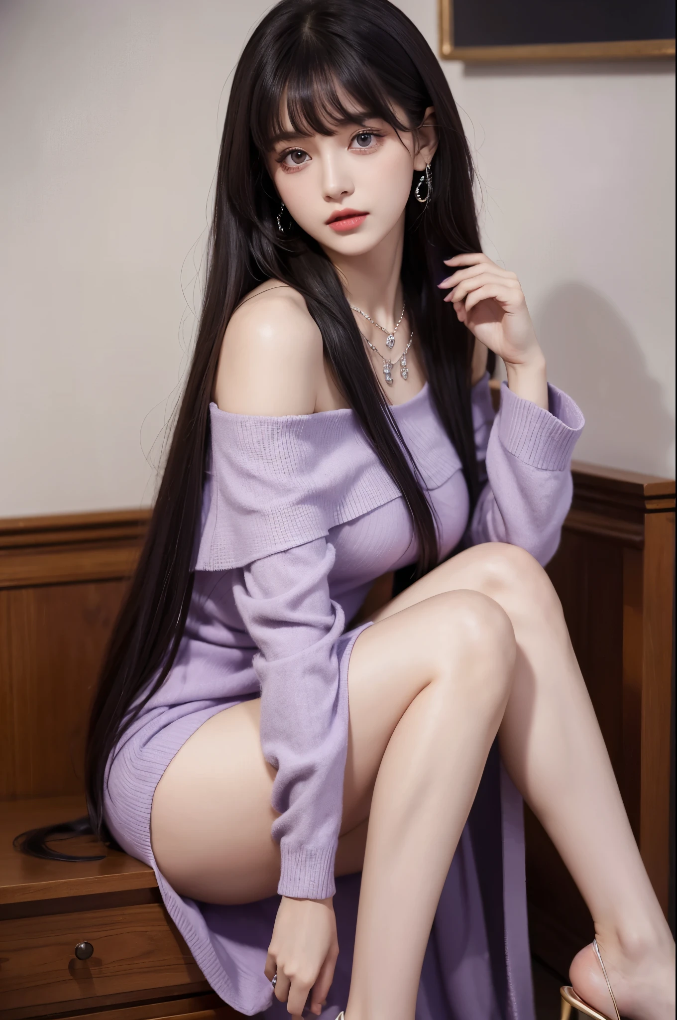 Off-shoulder dress, best quality, high resolution, 1 girl, Super high resolution, Solitary, stocking, Purple Eyes, , Long hair, Bangs,necklace