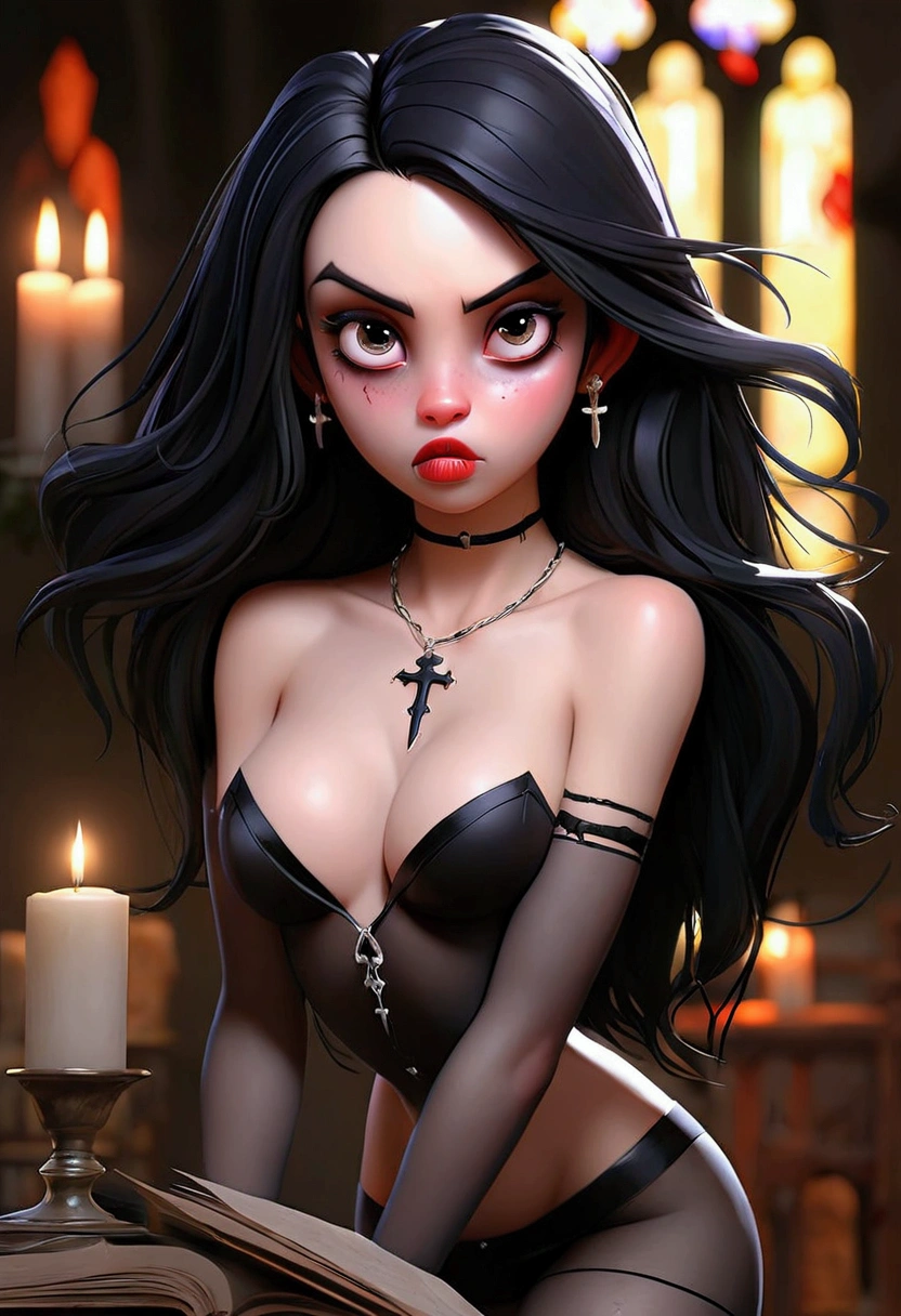 Raven Noir a striking woman figure with long, raven-black hair that cascades down her back in waves. Her pale skin contrasts sharply with her dark attire. She has piercing grey eyes that seem to hold a depth of unspoken secrets. Standing at a medium height, her presence accentuated by her elegant, gothic attire, often featuring dark, lacy dresses and a choker with a silver pendant. She moves with a grace that both alluring and slightly unnerving amazing artwork of sexy cute goth vampire woman, long hair, ahegao, materpiece, d, amazing lighting, in a church, artstation, award winning, stunning, aesthetic, depth, shading. A full shot of a beautiful vampire goth woman with vampire fangs dripping blood all over her body, black hair white skin, big , cinematic lighting, candle lit, ((wearing stockings and garter)) (((no clothes))), (((naked))), (delicate nipples), (tight ). Realistic, photorealism, 4k. Sexy gaze, (((NSFW)))