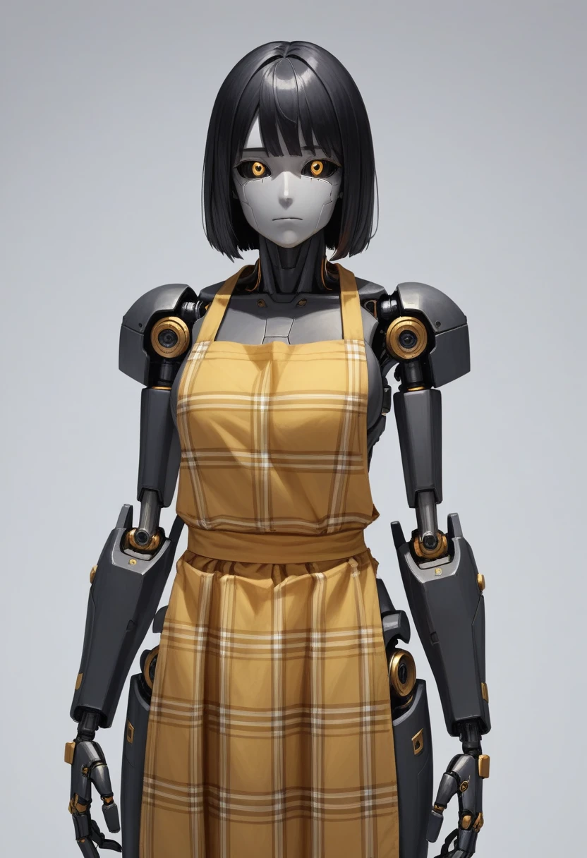 (celiaxl, 1girl, black bob hair, grey eyes, plaid apron, revelant clothes, yellow bandana, portrait, Robot girl, Mecha, Android, mechanical limbs, robot joints, metal skin, black sclera, no mouth, armor, glowing yellow eyes, no face), score_9, score_8_up, score_7_up