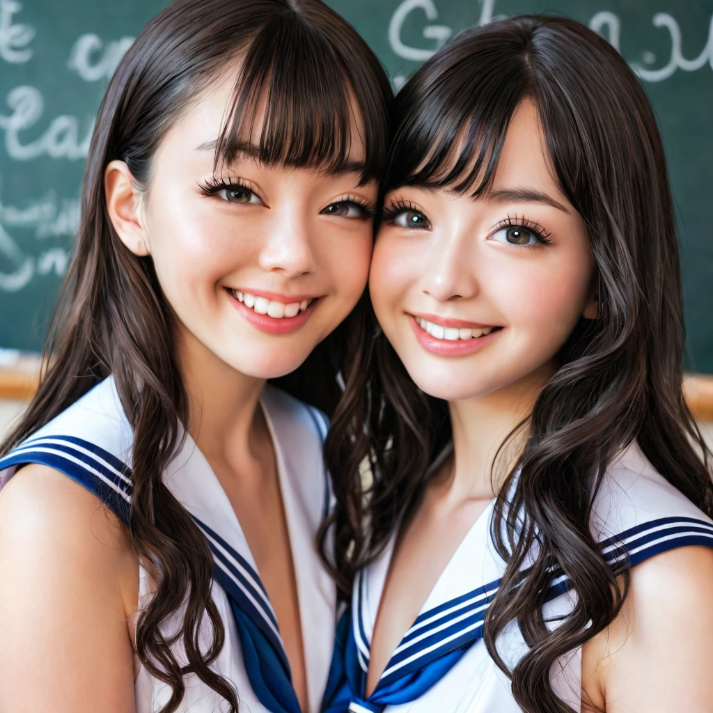 2 classmates having sex, female had long wavy dark hair with bangs, skimpy sailor style uniform, wearing an open blouse, pleated mini skirt that is pulled up, and ultra sheer high gloss pantyhose that are pulled down below her ass cheeks, closed mouth smile, intricate face detail, long eye lashes, defined cheek bones, UHD, photorealistic, blackboard in background