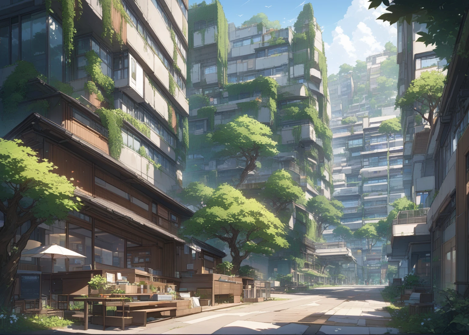 ((background only)),masterpiece, best quality, extremely detailed, ultra detailed, flat anime, 2D,
summer, 11AM, high school,A detailed line drawing of a modern urban building complex, featuring a multi-story structure with numerous windows and a gated entrance. The scene includes trees and foliage, adding a touch of nature to the urban setting. The perspective showcases the architectural design and the surrounding environment, emphasizing the contrast between the structured building and the organic shapes of the trees.