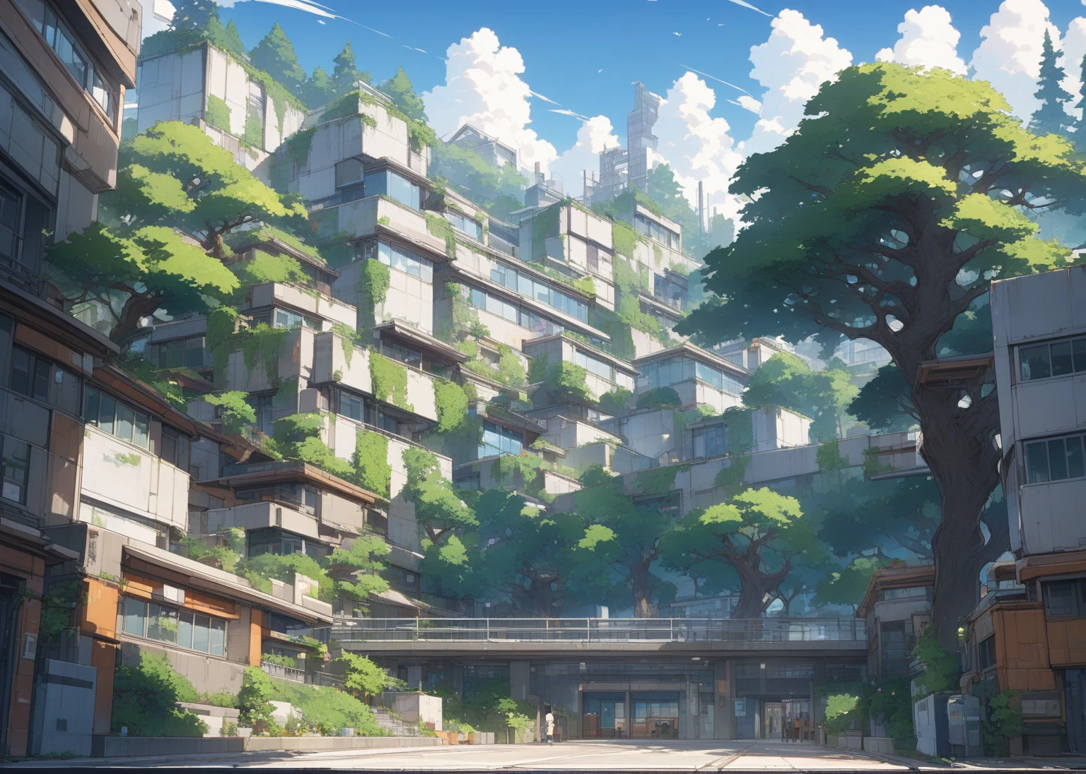 ((background only)),masterpiece, best quality, extremely detailed, ultra detailed, flat anime, 2D,
 summer, 11AM, high school,A detailed line drawing of a modern urban building complex, featuring a multi-story structure with numerous windows and a gated entrance. The scene includes trees and foliage, adding a touch of nature to the urban setting. The perspective showcases the architectural design and the surrounding environment, emphasizing the contrast between the structured building and the organic shapes of the trees.