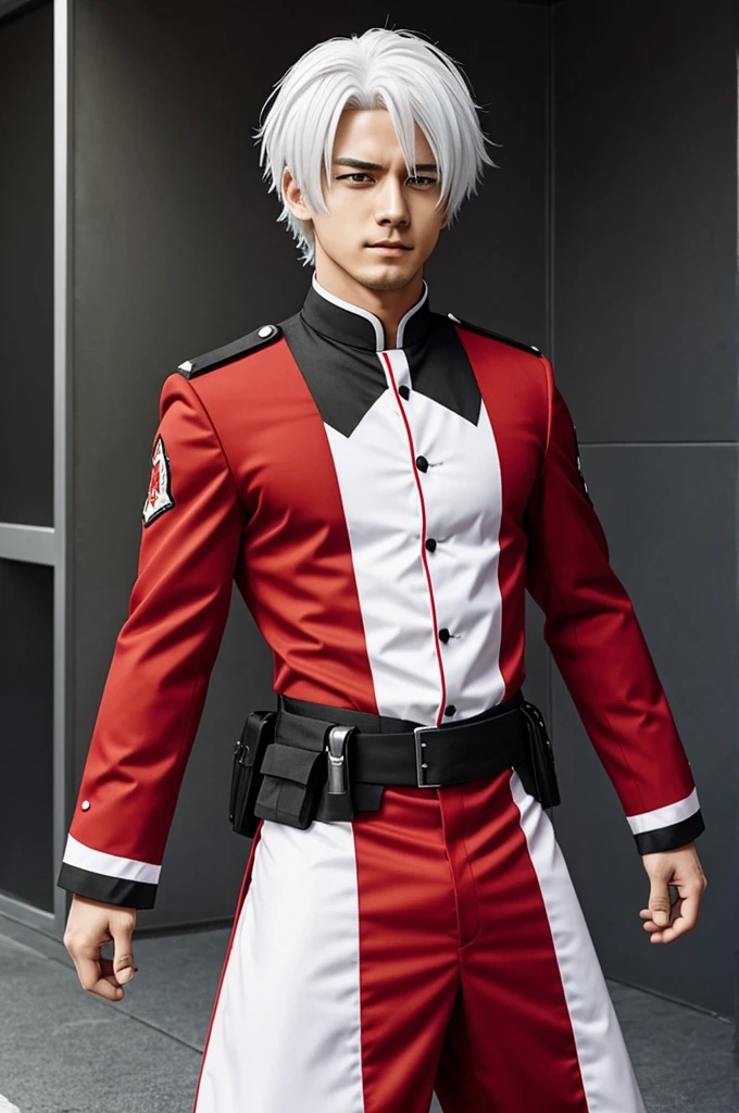 An anime character who has white hair and wears a red and black uniform, and that it can be seen from the torso up