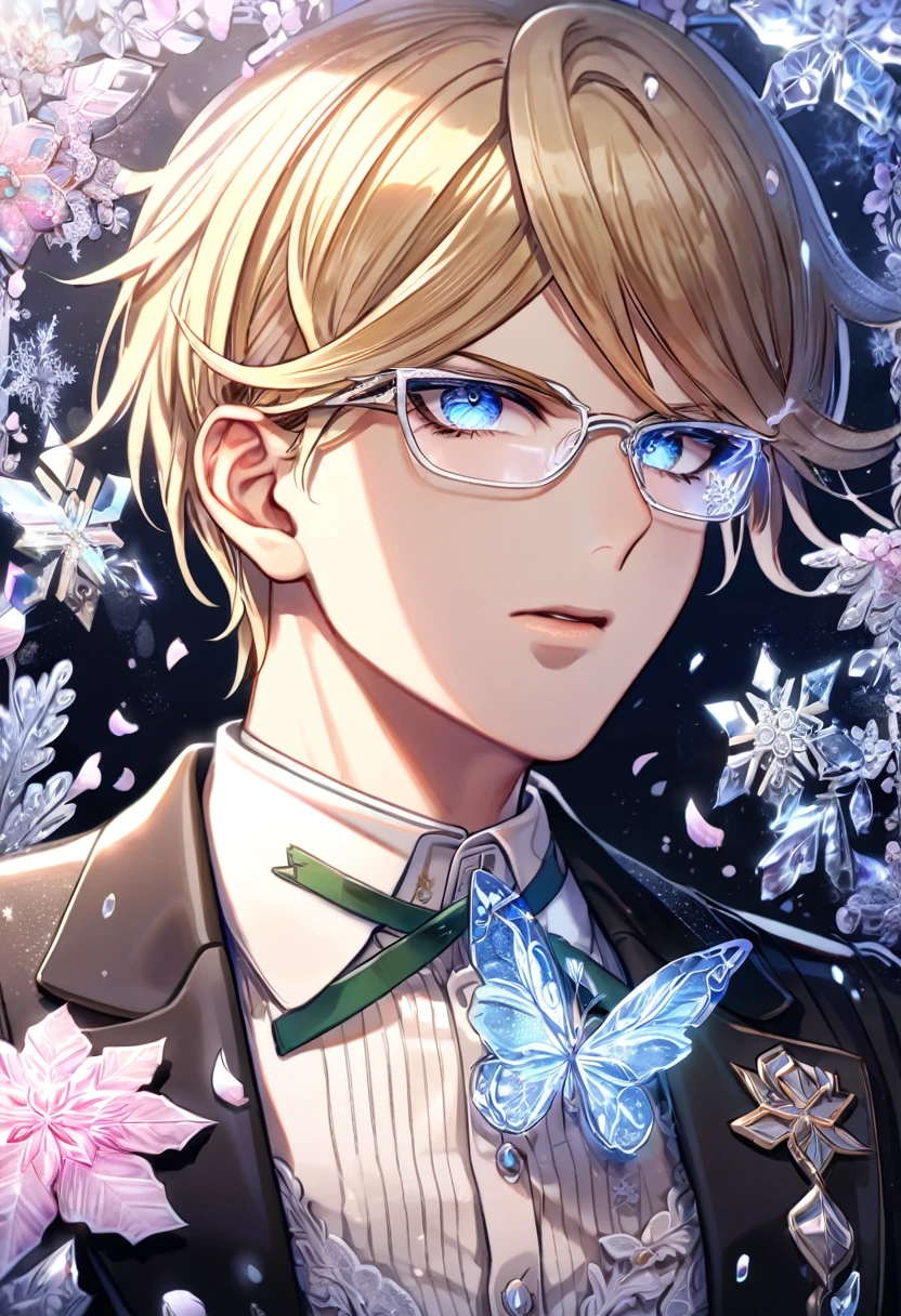 Ultra detailed, HDR, Highres, absurdres, master piece, Togami Byakuya, blonde hair, expressive blue eyes, white glasses, black jacket, white shirt, Danganronpa, handsome, ice glittering butterflies, ice, petals, ice pink glass flowers, glittering, fantasy, magical, snowflakes, cold, solo, sexy man,