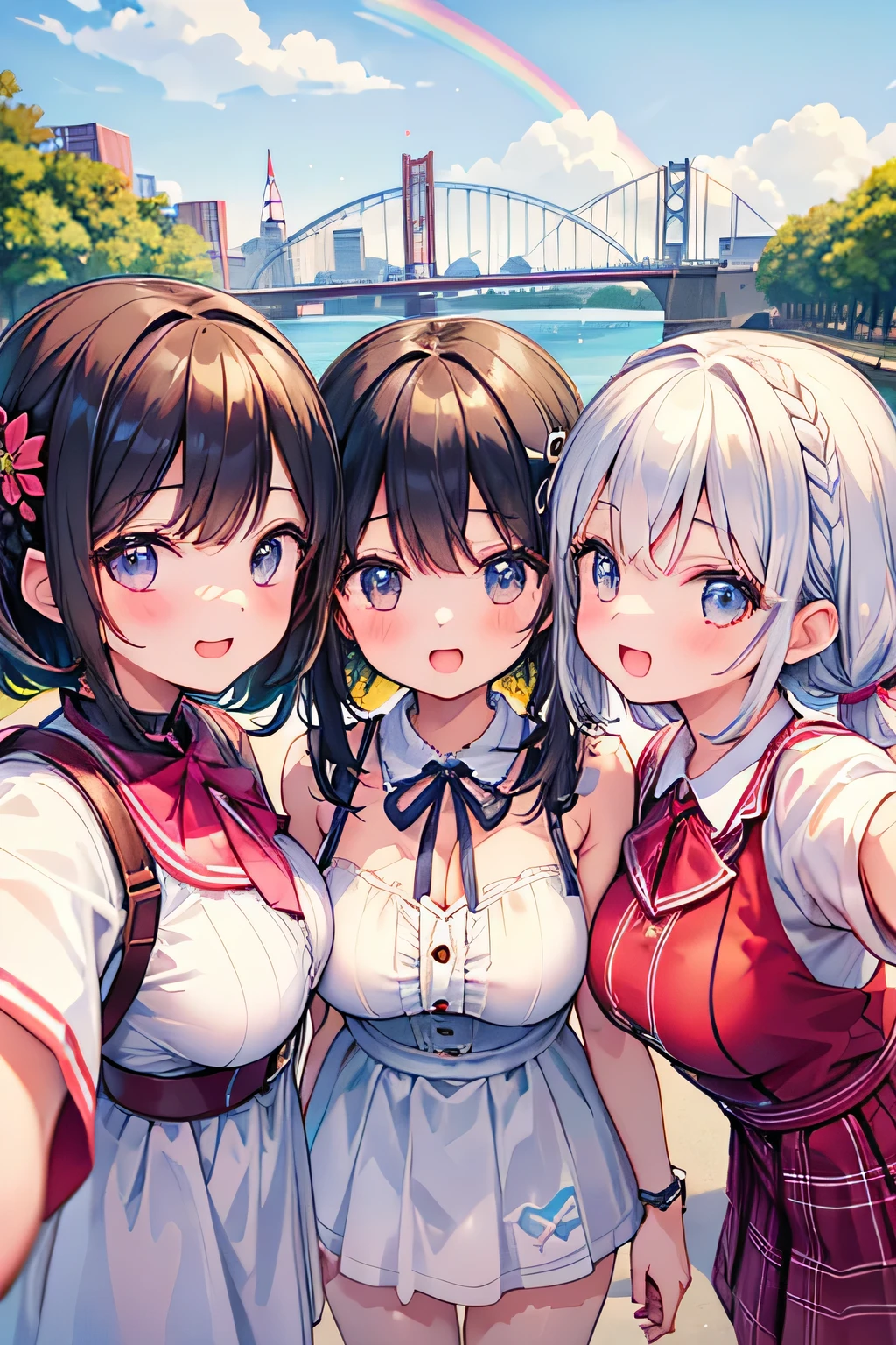Highest quality、High resolution、Detailed Background、(Beautiful face in every detail:1.4)、Detailed facial expressions、Anatomically correct、(Detailed eyes:1.2)、Teenage beauty、(Huge breasts:1.2)、cute hair color、Braided Ponytail、Braided bob cut、Braided twin tails、Perfect body line、
cute gesture、Innocent joy、A fun atmosphere、In a joking manner、

(Three beautiful girls having fun taking a selfie together with their friends:1.5)、

Odaiba Seaside Park is a park by the sea where you can take selfies with the Rainbow Bridge and Tokyo Tower in the background.、
You can take selfies at Sensoji Temple&#39;s Kaminarimon Gate and Nakamise Street in a traditional Japanese atmosphere.、
Omotesando is lined with stylish cafes and shops, so you can take selfies with the streetscape in the background.、cute