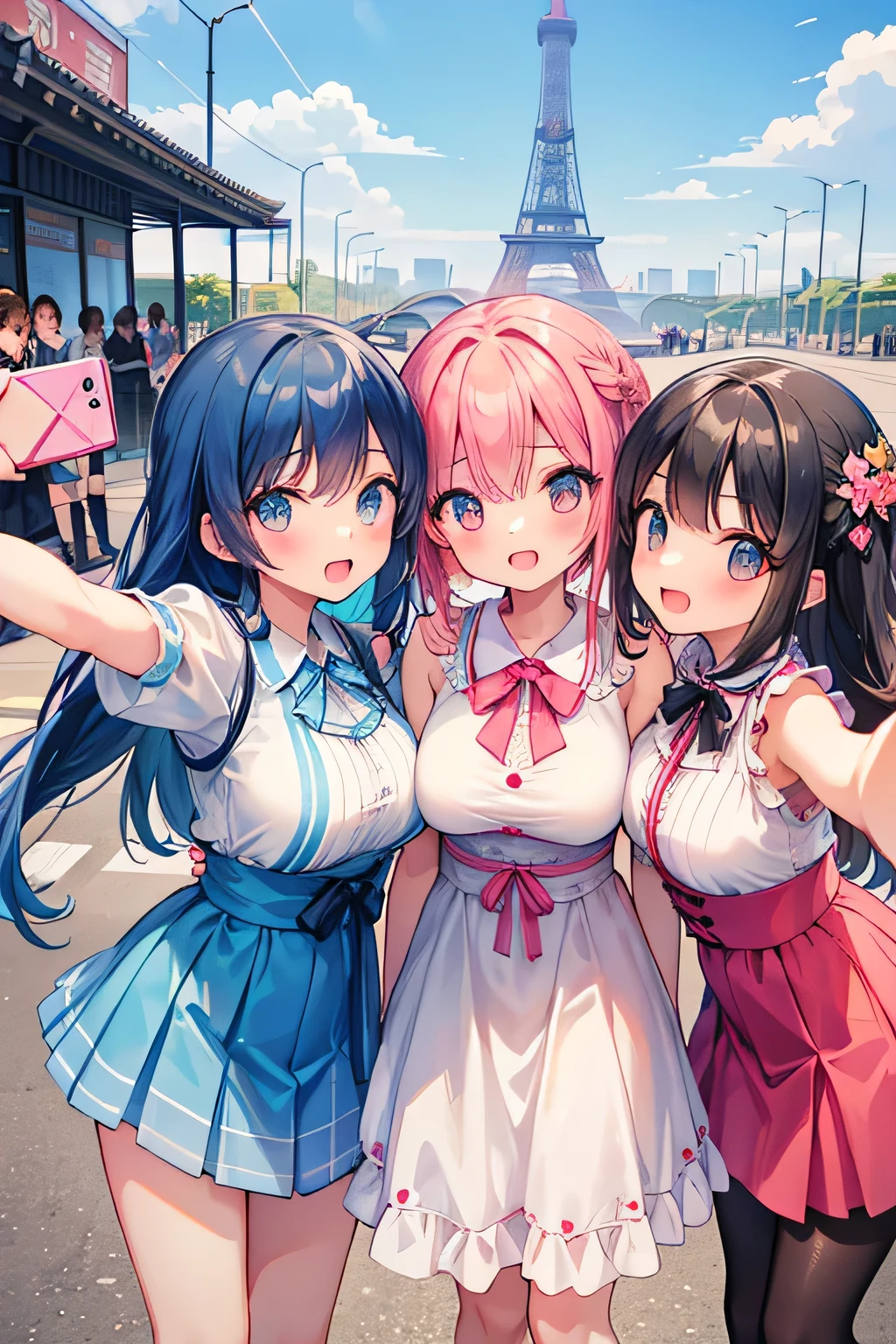 Highest quality、High resolution、Detailed Background、(Beautiful face in every detail:1.4)、Detailed facial expressions、Anatomically correct、(Detailed eyes:1.2)、Teenage beauty、(Huge breasts:1.2)、cute hair color、Braided Ponytail、Braided bob cut、Braided twin tails、Perfect body line、
cute gesture、Innocent joy、A fun atmosphere、In a joking manner、

(Three beautiful girls having fun taking a selfie together with their friends:1.5)、

Odaiba Seaside Park is a park by the sea where you can take selfies with the Rainbow Bridge and Tokyo Tower in the background.、
You can take selfies at Sensoji Temple&#39;s Kaminarimon Gate and Nakamise Street in a traditional Japanese atmosphere.、
Omotesando is lined with stylish cafes and shops, so you can take selfies with the streetscape in the background.、cute