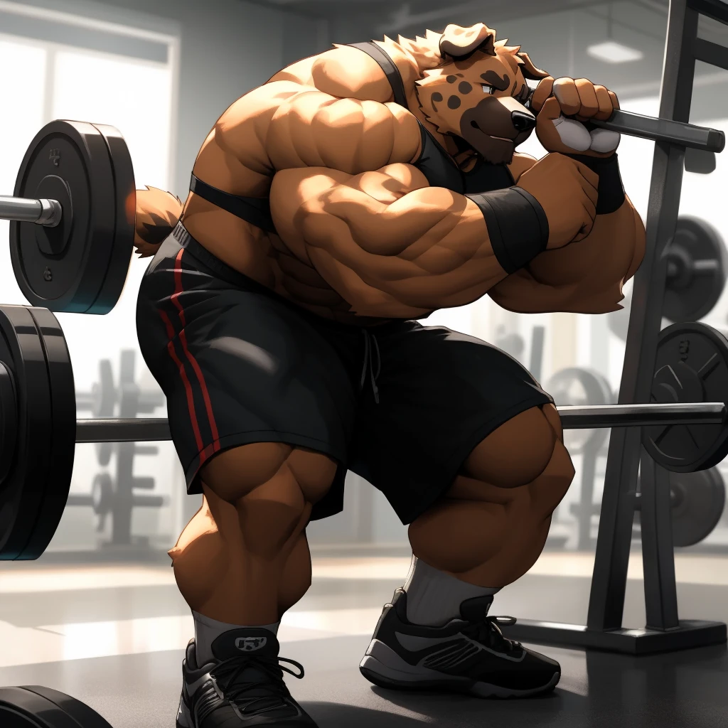 A shirtless muscular furry Saint Bernard dog, 1 boy, solo, huge buff muscles, wearing black gym shorts, black wristbands, black gym shoes, doing 300lbs biceps curls with barbells at the gym, intensely working out by lifting weights with lots of weight plates, detailed eyes, 8k, high quality, masterpiece, photorealistic, hyper detailed, dramatic lighting, cinematic