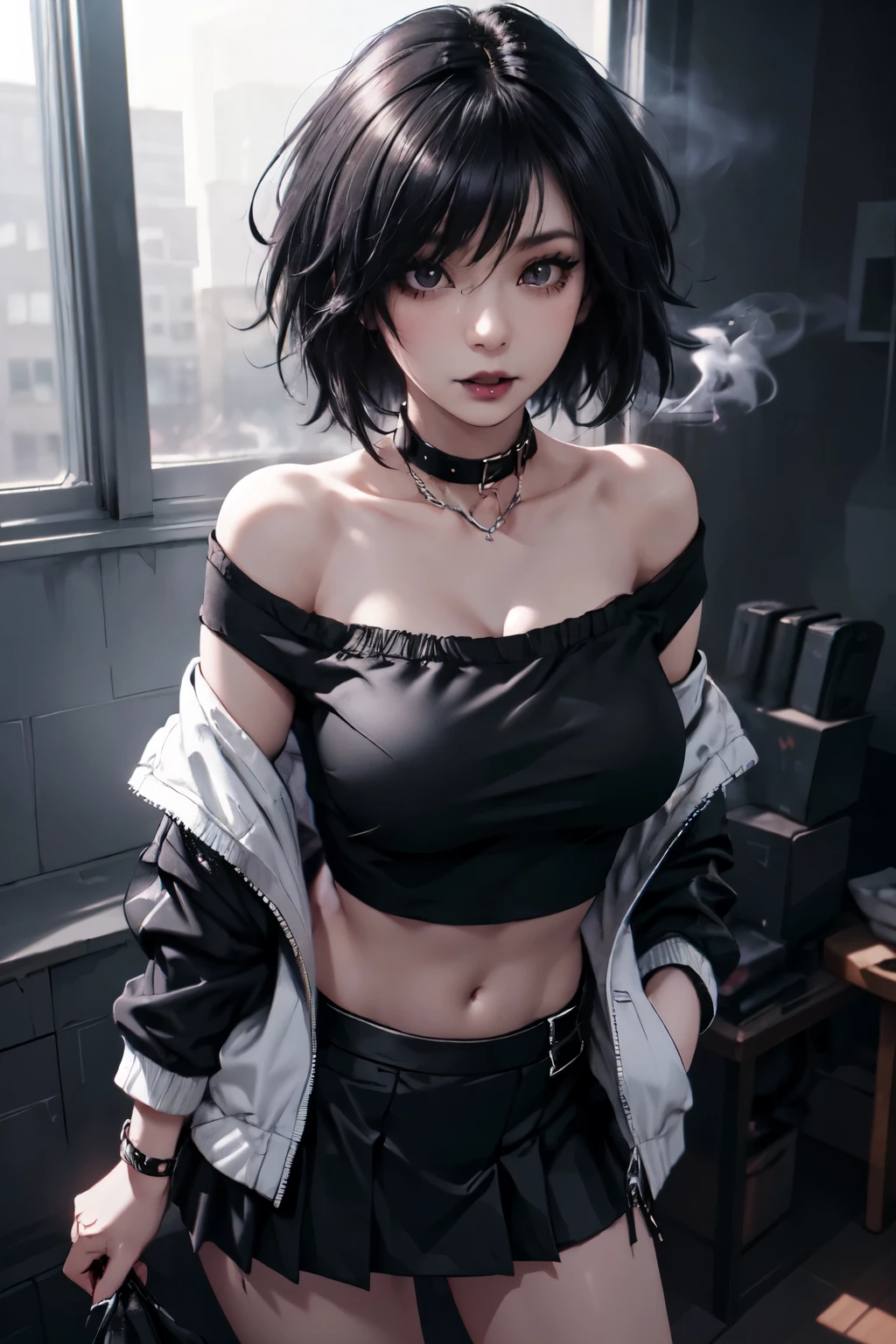 Girl, woman, emo_hairstyle, black lipstick, smocky eyes, dog collar, eyeliner, eye shadow, realistic lighting, short hair, short skirt. seductive look, Big breast, off shoulder, midriff, open jacket, standing up.