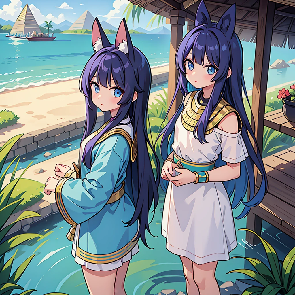 かわいいAncient Egyptの15歳の女の子、Ancient Egypt、View of the Nile、A colorful view of the whole、whole body、Low - Angle、Standing posture、Reeds are growing、Ancient Egyptの船、Ancient Egyptの風景