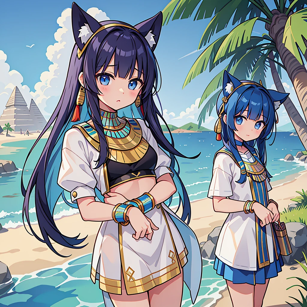 かわいいAncient Egyptの15歳の女の子、Ancient Egypt、View of the Nile、A colorful view of the whole、whole body、Low - Angle、Standing posture、Reeds are growing、Ancient Egyptの船、Ancient Egyptの風景