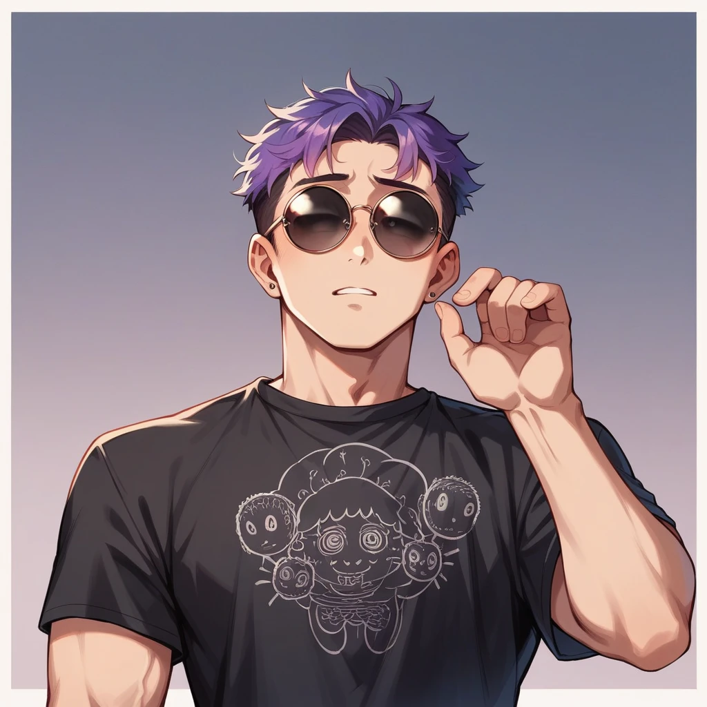 アニメ, best qualityer, white male, purple gradient hair,  black jersey, round sunglasses smoking, Grinning 