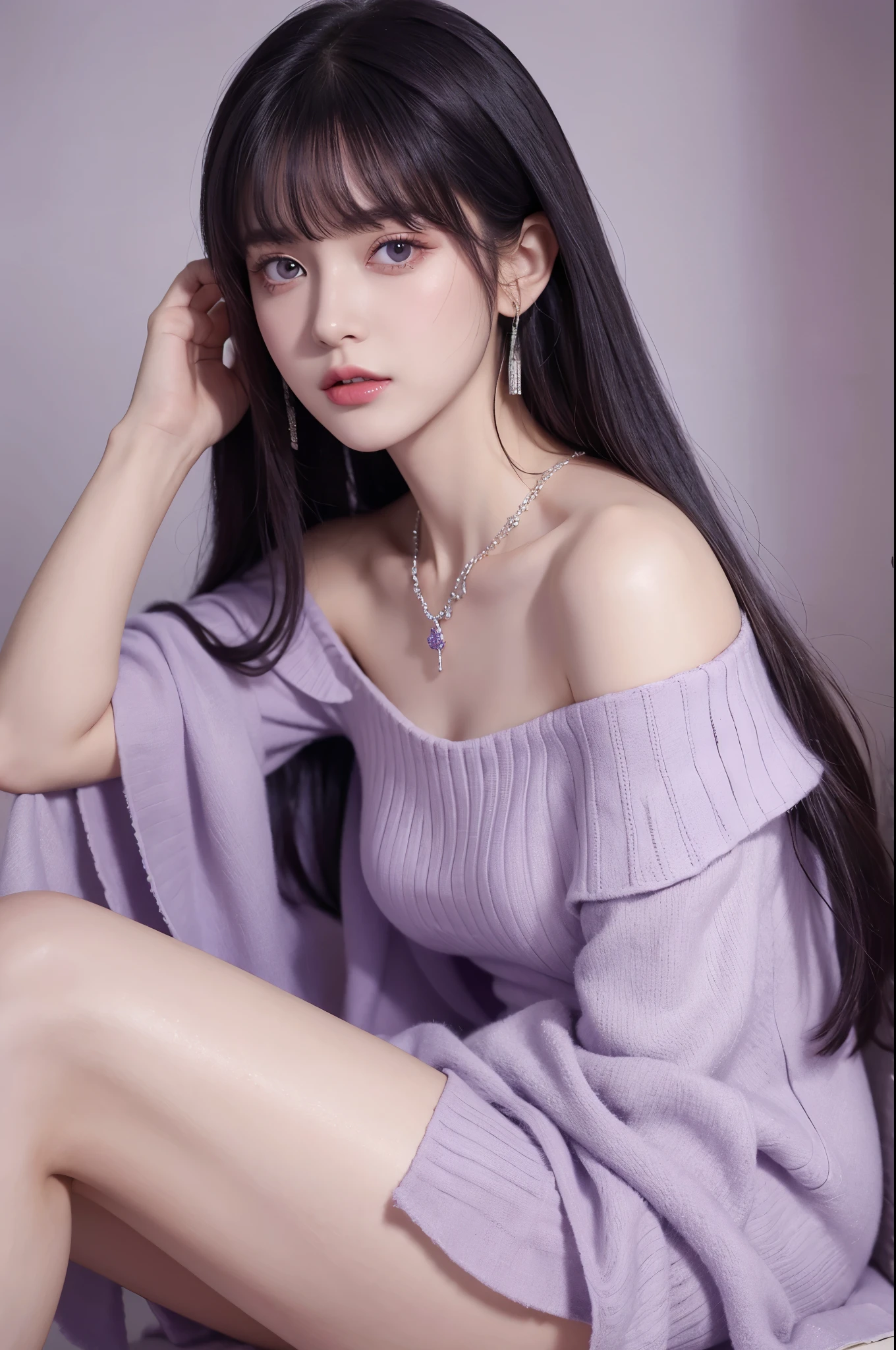 Off-shoulder dress, best quality, high resolution, 1 girl, Super high resolution, Solitary, stocking, Purple Eyes, , Long hair, Bangs,necklace