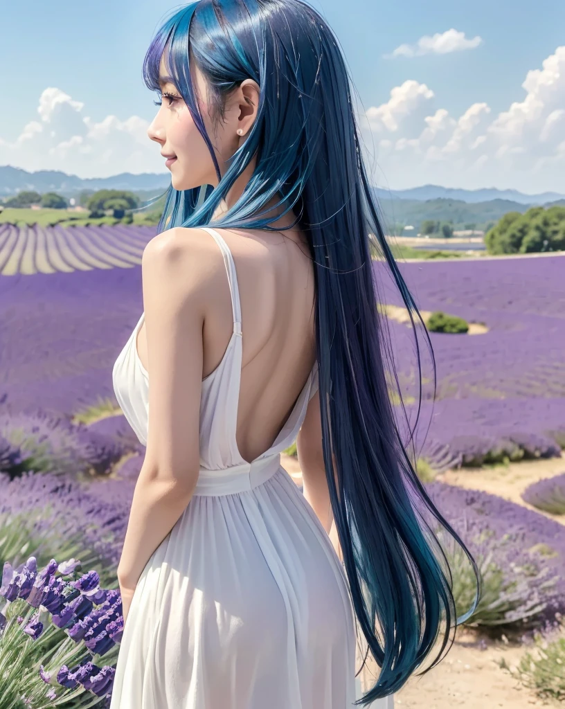 (Highest quality, 32K, High resolution, Masterpiece:1.5), marimo_jet, god々A photograph with brilliant dazzling and healing power., Evoking a sense of calm and elusive beauty, Expressing emotions, Have a rich imagination, Beautiful Japanese Girls, An exceptionally beautiful face, ((Back view, Looking back:1.4)), Small Face Beauty, , Perfect Human Anatomy, Magical big eyes, Motherhood and generosity, Deep Love, fleeting smile, (shiny blue hair:1.2), Super long hair swaying in the wind, Asymmetrical bangs, Hair between the eyes, Transparent, soft white skin, Sharp eyebrows, Thin lashes, ((Natural Makeup:1.3)), White dress, High resolutionの完璧な鎖骨, High resolutionの美しい胸元, Slim figure with ample breasts, High resolutionの美しい太もも, ((Distant Horizon:1.5)), ((Lavender fields stretching to the horizon:1.3)), Beautiful detailed blue sky, Professional photographer, Professional Lighting, Professional models