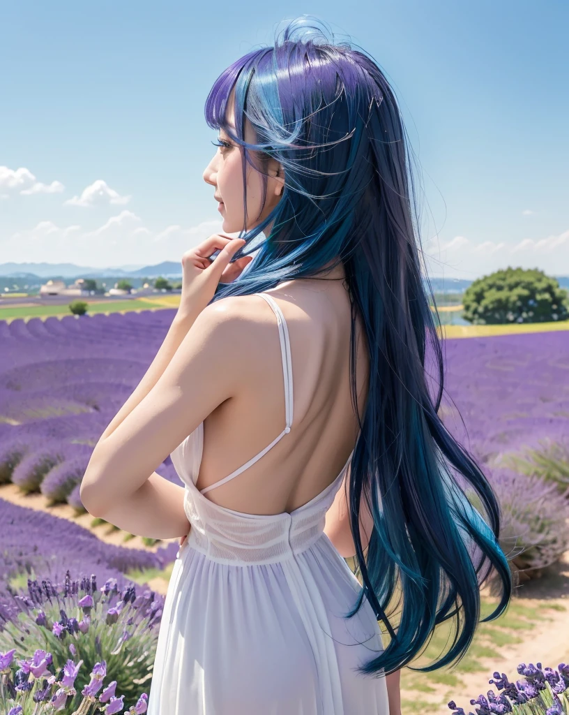 (Highest quality, 32K, High resolution, Masterpiece:1.5), marimo_jet, god々A photograph with brilliant dazzling and healing power., Evoking a sense of calm and elusive beauty, Expressing emotions, Have a rich imagination, Beautiful Japanese Girls, An exceptionally beautiful face, ((Back view, Looking back:1.4)), Small Face Beauty, , Perfect Human Anatomy, Magical big eyes, Motherhood and generosity, Deep Love, fleeting smile, (shiny blue hair:1.2), Super long hair swaying in the wind, Asymmetrical bangs, Hair between the eyes, Transparent, soft white skin, Sharp eyebrows, Thin lashes, ((Natural Makeup:1.3)), White dress, High resolutionの完璧な鎖骨, High resolutionの美しい胸元, Slim figure with ample breasts, High resolutionの美しい太もも, ((Distant Horizon:1.5)), ((Lavender fields stretching to the horizon:1.3)), Beautiful detailed blue sky, Professional photographer, Professional Lighting, Professional models