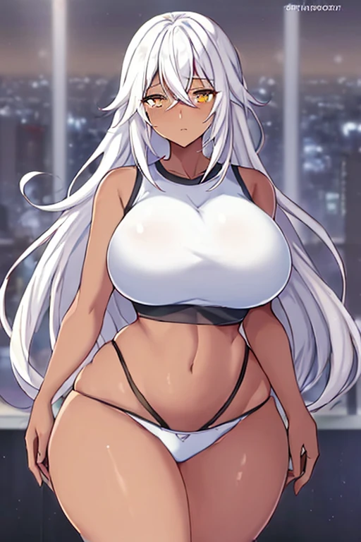 1girl, anime style, 2d, anime screencap, dark skin, black skin, dark-skinned female, white hair, long hair, large breasts, wide hips, thick thighs, shirt, sportswear, shy, sports bra, screencap, masterpiece, hourglass figure, mature female