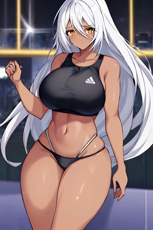 1girl, anime style, 2d, anime screencap, dark skin, black skin, dark-skinned female, white hair, long hair, large breasts, wide hips, thick thighs, shirt, sportswear, shy, sports bra, screencap, masterpiece, hourglass figure, mature female