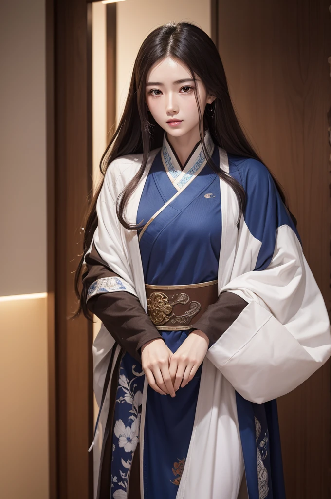A white man, Cao Cao, bonitas, in her 20s with a gentle appearance, and brown eyes and hair