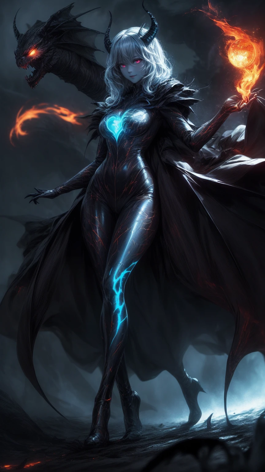 Storyboard, masterpiece, highest quality, dragonlady queen, perfect demoness, long legs, hourglass fugure, bright blue glowing eyes, detailed eyes (1.4), scars on face, villainous expression, flaming skin body with bioluminescent glowing pattern, ready for battle, blurred stormy background, dark atmosphere, lighting in background,full body,