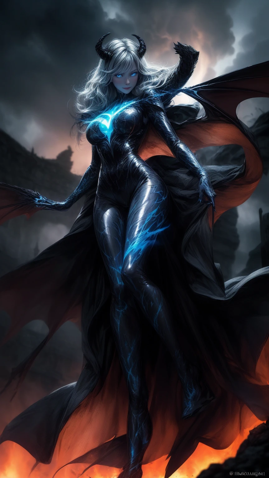 Storyboard, masterpiece, highest quality, dragonlady queen, perfect demoness, long legs, hourglass fugure, bright blue glowing eyes, detailed eyes (1.4), scars on face, villainous expression, flaming skin body with bioluminescent glowing pattern, ready for battle, blurred stormy background, dark atmosphere, lighting in background,full body,