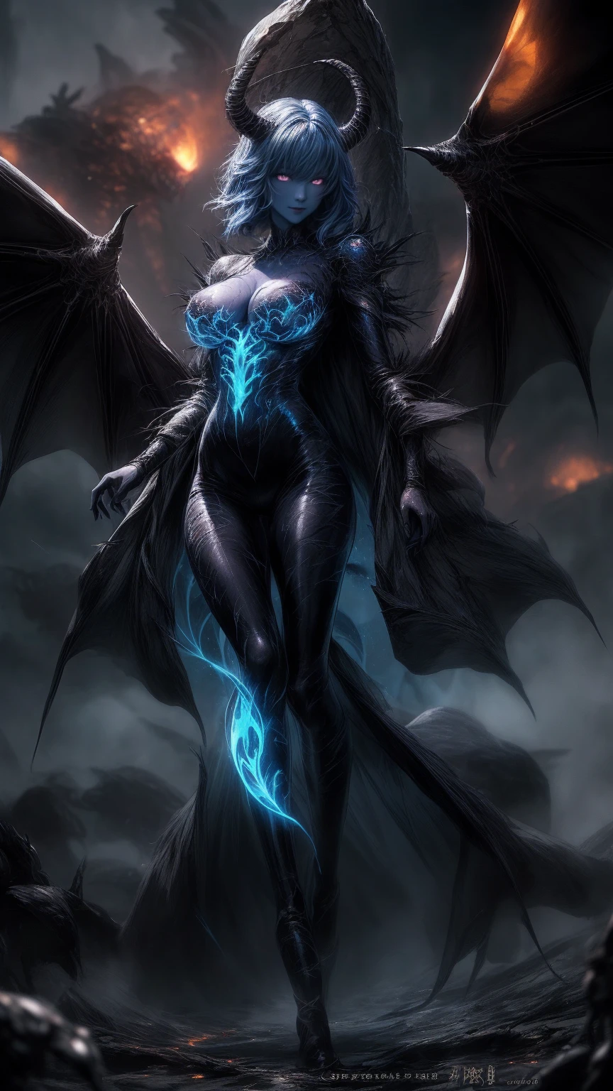 Storyboard, masterpiece, highest quality, dragonlady queen, perfect demoness, long legs, hourglass fugure, bright blue glowing eyes, detailed eyes (1.4), scars on face, villainous expression, flaming skin body with bioluminescent glowing pattern, ready for battle, blurred stormy background, dark atmosphere, lighting in background,full body,