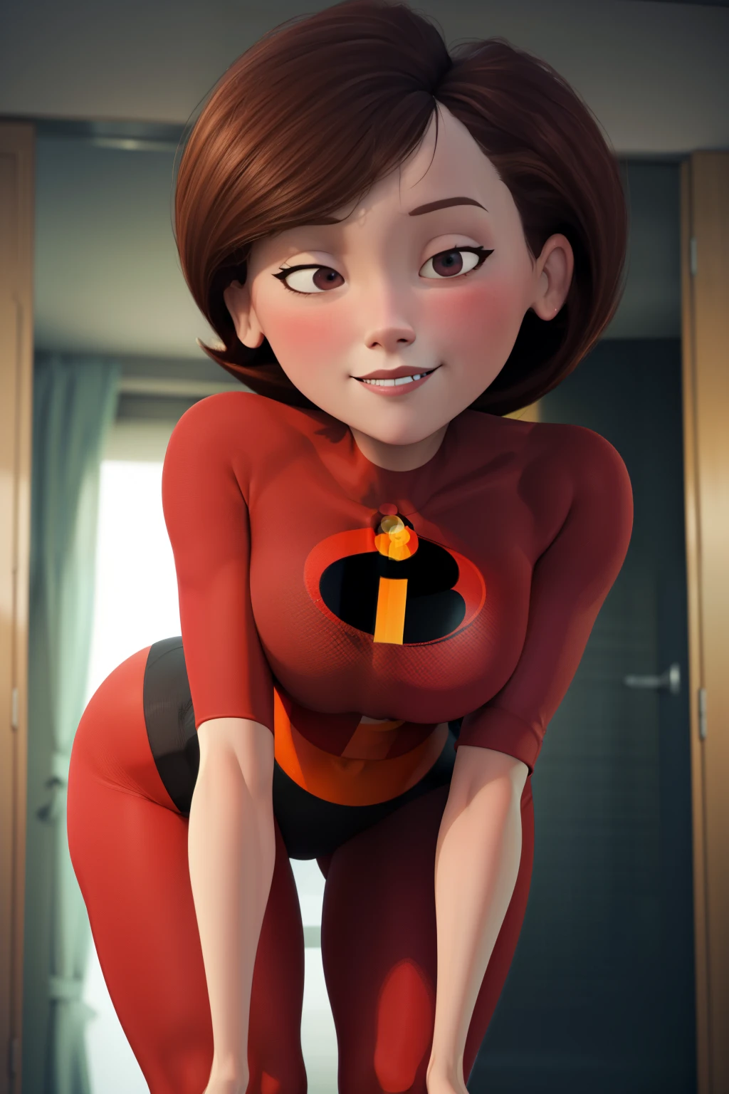 high quality, masterpiece, best quality, helenparr, 3d, 3d character, disney character, the incredibles, helen parr, closed smile, brown hair, brown eyes, mature female, revealing clothes, forced smile, standing, blush, half-closed eyes, smile, empty eyes/no highlights (Leaning forward:1.5), Arms Down, ((Perfect Anatomy, beautifull detailed face, Beautiful detailed eyes, beautiful detailed hair, Beautiful detailed body)), thick outline, Beautiful outlines, black outlines, short hair, closed mouth, night, warm lighting, indoors