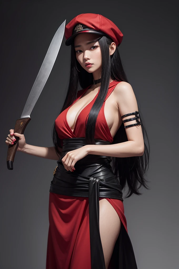female character, oriental traits, blackquality hair, red cap on hair, fancy dress, carrying a machete
