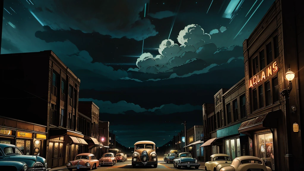 a 1950s housewife has a narrow waist, large breasts, 50s hairstyle hair, she is staring at 3 tiny alien beings, 3 tiny alien beings, 3 tiny alien beings, 3 tiny alien beings,with large eyes and large heads, thin limbs, holding strange glowing instuments; popping colors, contrast, detailed realistic cinematic scene, cinematic lighting, dramatic sky with clouds, abandoned vintage car, old-fashioned buildings, neon signs, 1950s era atmosphere, vibrant colors, hyper-realistic, 8k, ultra-detailed