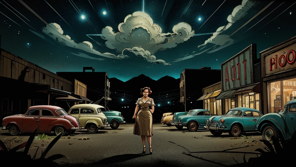 a 1950s housewife has a narrow waist, large breasts, 50s hairstyle hair, she is staring at 3 tiny alien beings, 3 tiny alien beings, 3 tiny alien beings, 3 tiny alien beings,with large eyes and large heads, thin limbs, holding strange glowing instuments; popping colors, contrast, detailed realistic cinematic scene, cinematic lighting, dramatic sky with clouds, abandoned vintage car, old-fashioned buildings, neon signs, 1950s era atmosphere, vibrant colors, hyper-realistic, 8k, ultra-detailed