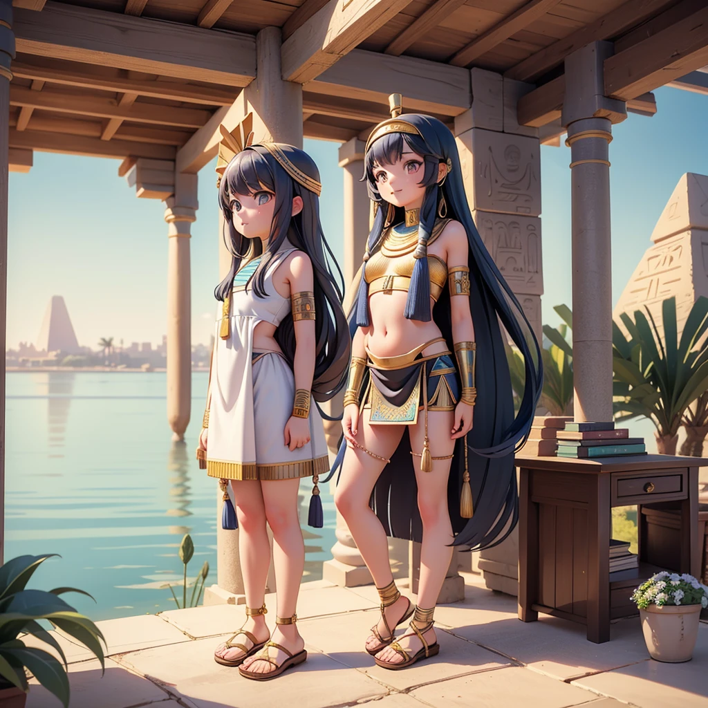 かわいいAncient Egyptの15歳の女の子、Ancient Egypt、View of the Nile、A colorful view of the whole、whole body、Low - Angle、Standing posture、Reeds are growing、Ancient Egyptの船、Ancient Egyptの風景
