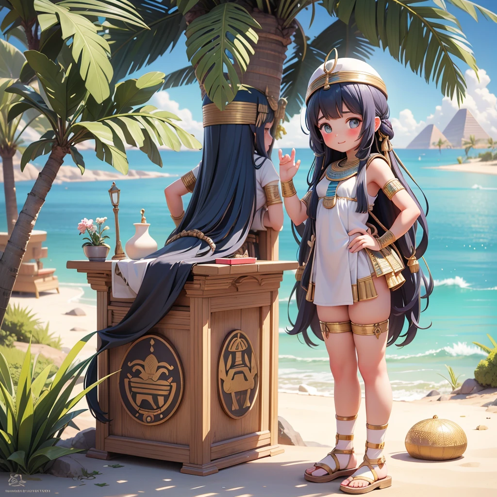 かわいいAncient Egyptの15歳の女の子、Ancient Egypt、View of the Nile、A colorful view of the whole、whole body、Low - Angle、Standing posture、Reeds are growing、Ancient Egyptの船、Ancient Egyptの風景