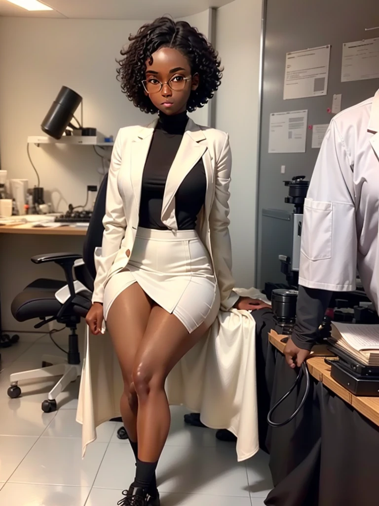 dark-skinned girl. Round glasses on the face. Black curly bob hair. Brown eyes. Wears a white medical coat, black skirt, black stockings and black shoes. biologist. Sitting near the microscope. Around the plant, flowers, notepads.