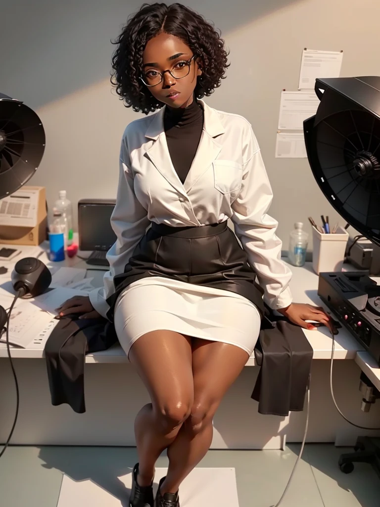 dark-skinned girl. Round glasses on the face. Black curly bob hair. Brown eyes. Wears a white medical coat, black skirt, black stockings and black shoes. biologist. Sitting near the microscope. Around the plant, flowers, notepads.